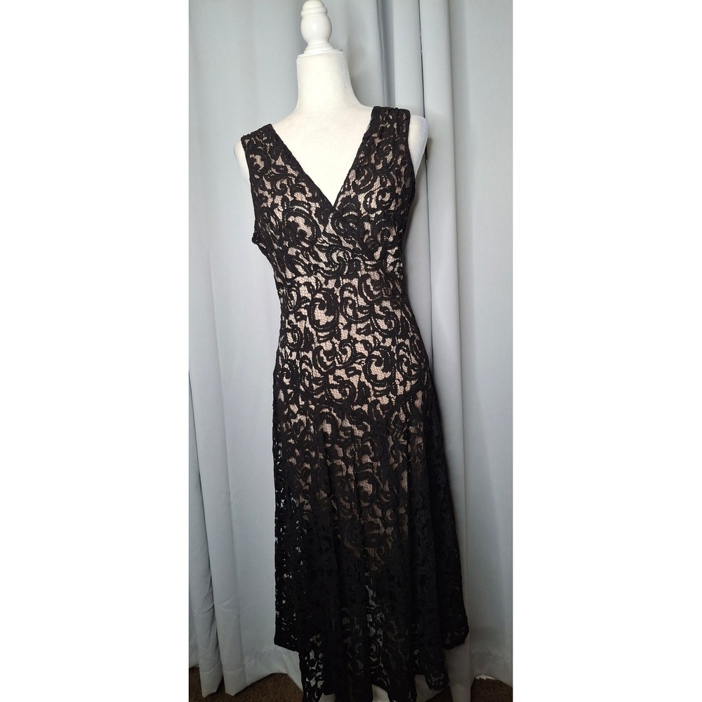 K Studio Collection Black Lace Surplice V-Neck Midi Dress Nude Lining Size 12 - Picture 8 of 16